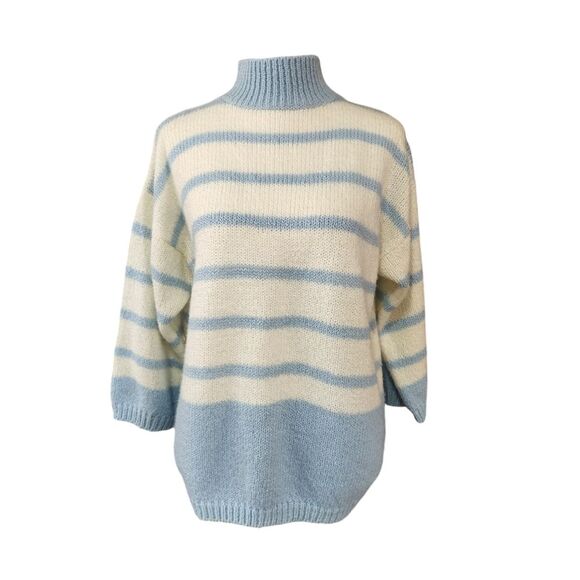 Diane Von Furstenberg Vintage Sweater Mock Neck 3/4 Sleeve 80's Blue White Large - Picture 1 of 10